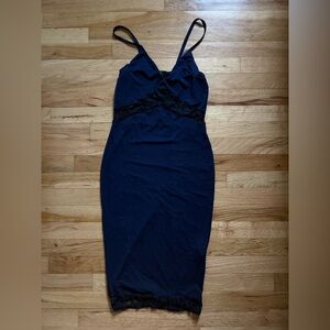 Navy Blue Spaghetti strap Body Con Dress with black Lace Detail